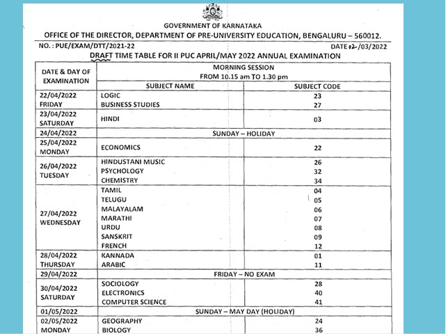 Karnataka 2nd PUC Date Sheet 2022 Revised To Avoid Clash With JEE Mains