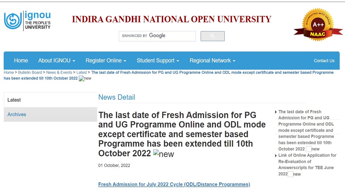 Ignou July Session Registration Dates Extended Apply At Ignou Ac