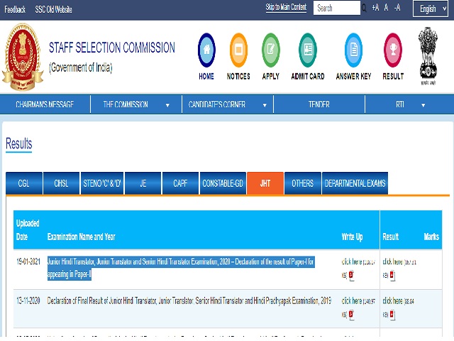SSC JHT Tier 1 2021 Result