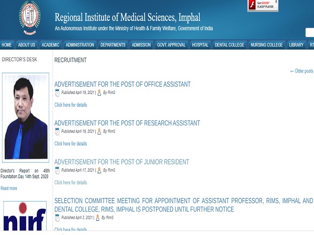 RIMS, Imphal Recruitment 2021: Apply Junior Resident Posts