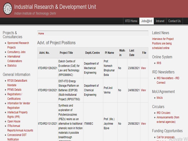 IIT Delhi Recruitment 2021: Apply Jr. Project Attendant, Project Asst, Research Associate Posts