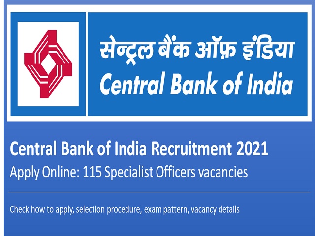 Central Bank of India Recruitment 2021: Apply Online for 115 Specialist Officers vacancies