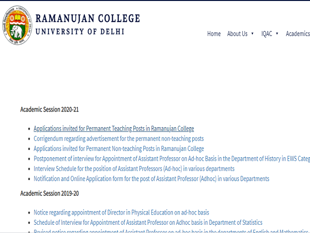University of Delhi (DU) Ramanujan College Recruitment 2021: Apply for Teaching Staff Posts