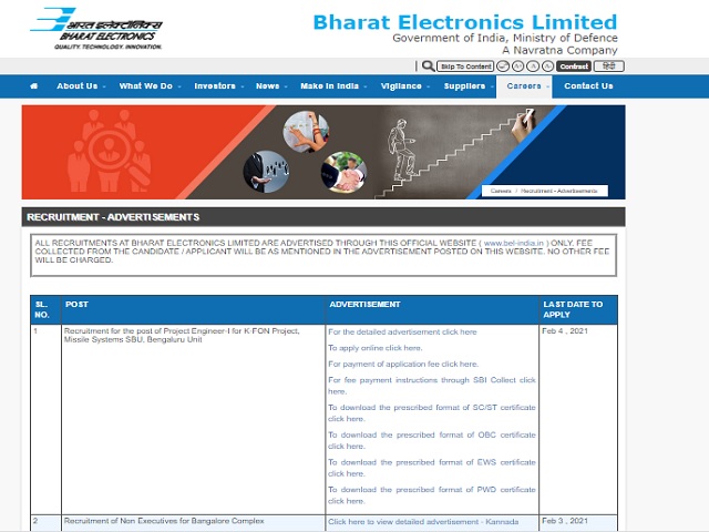 BEL Recruitment 2021: Apply for Project Engineer Posts