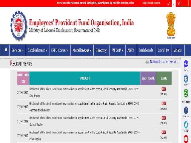 EPFO SSA Final Result 2021