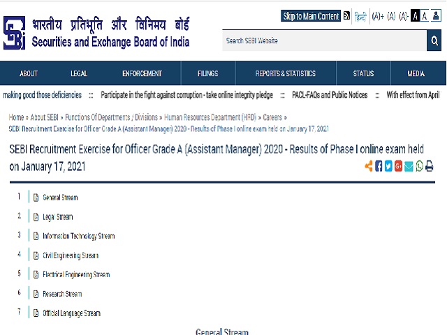 SEBI Grade A Phase 1 Result 2021