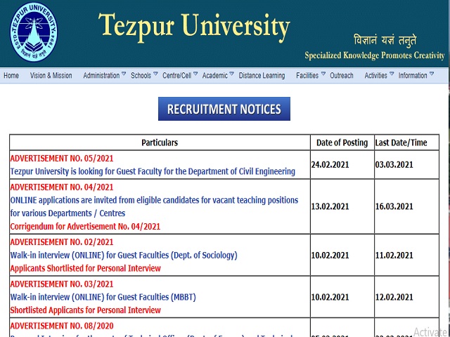 Tezpur University Recruitment 2021: Apply for Teaching Posts