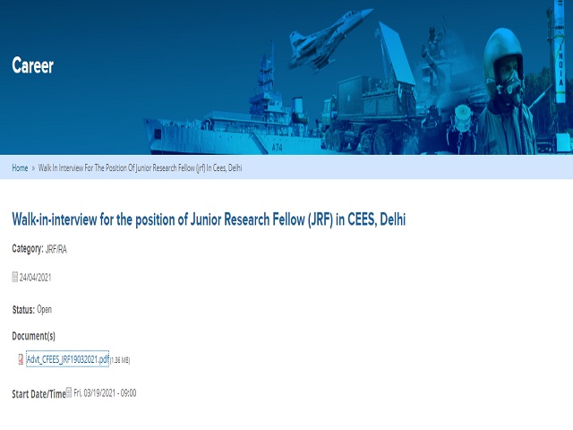 Defence Research and Development Organisation (DRDO) Junior Research Fellow (JRF) Posts 2021
