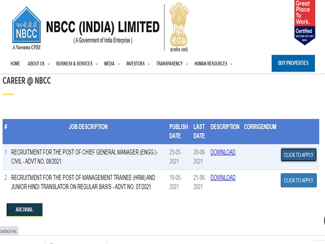 NBCC Recruitment 2021: Apply Chief General Manager Posts
