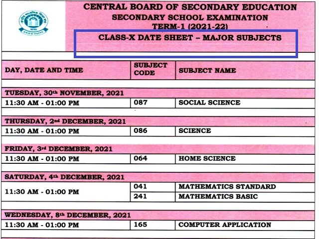 CBSE Class 10 Date Sheet 2021-22: Term 1 CBSE Time Table 