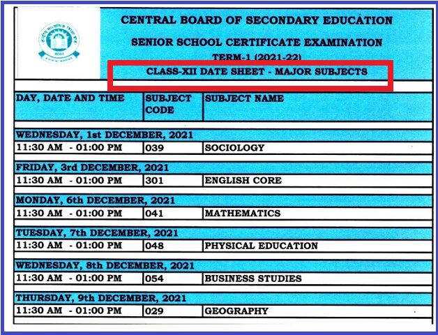 CBSE Class 12 Date Sheet 2021 (Term 1) 2021-2022: CBSE Time Table 2021-2022 
