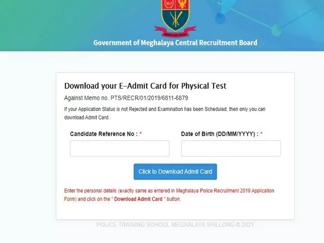 Meghalaya Police PET Admit Card 2021