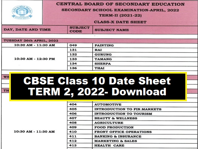 CBSE Class 10 Datesheet Term 2