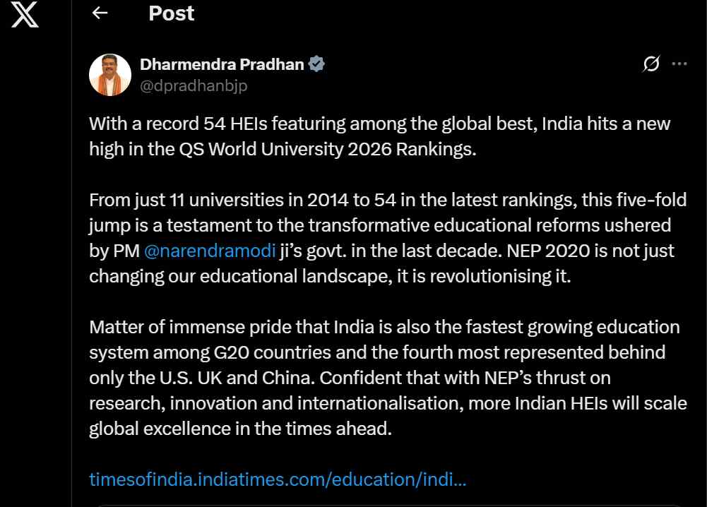 Tweet of Minister of Education Dharmendra Pradhan