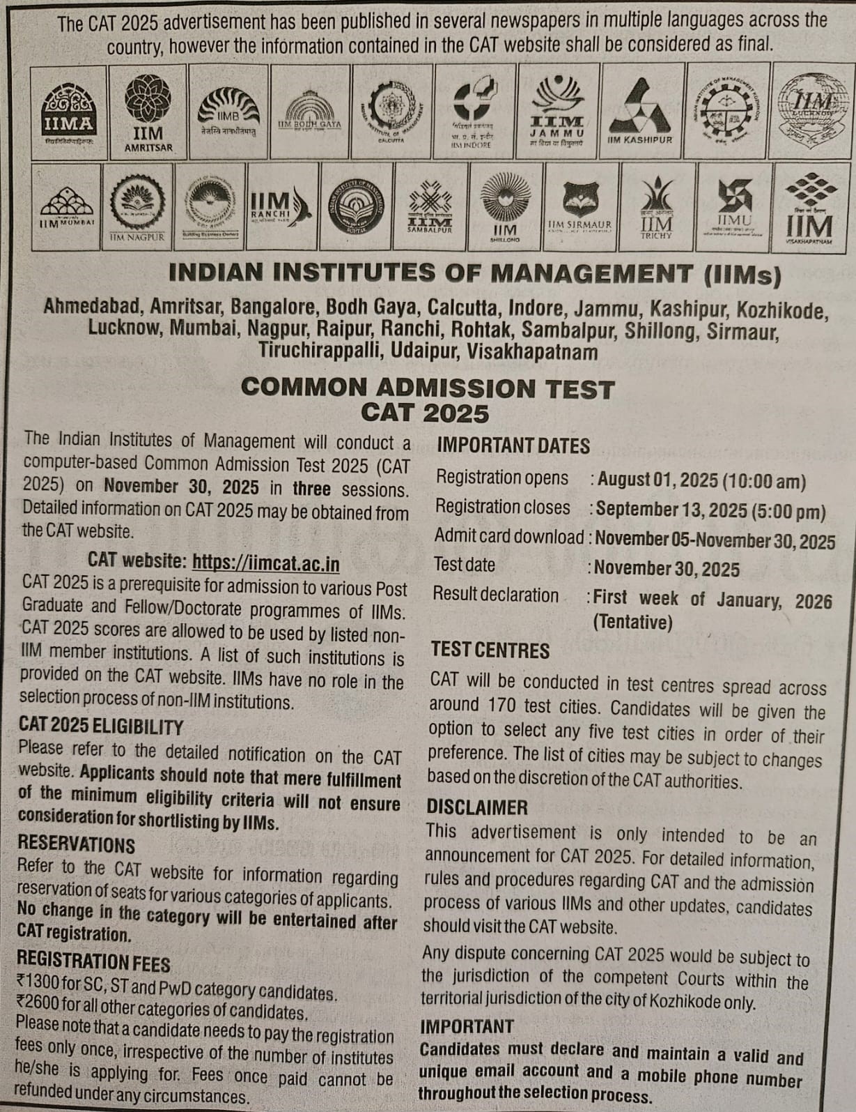 CAT 2025 official notification iim-cat-2025-notification