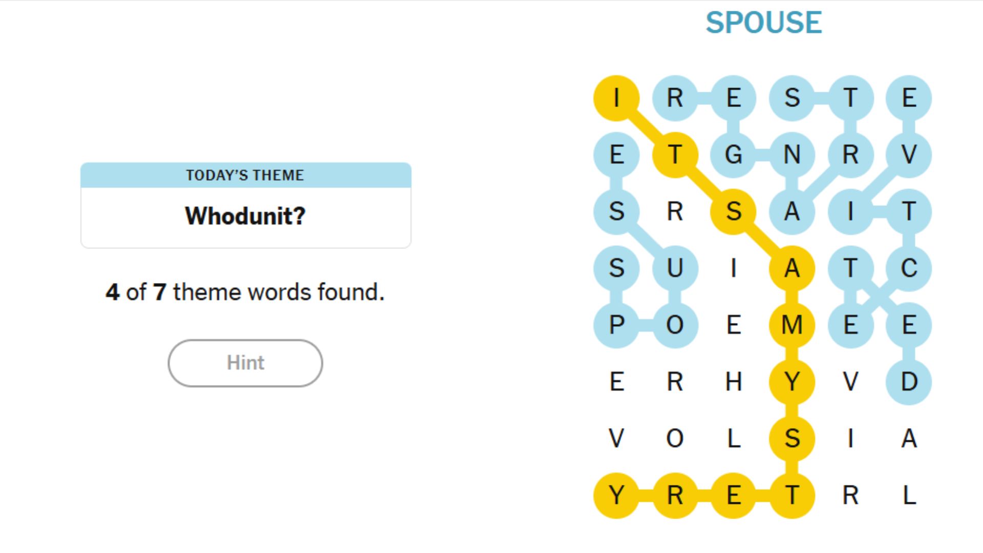 Whodnit Theme's Spangram and 4 words found.