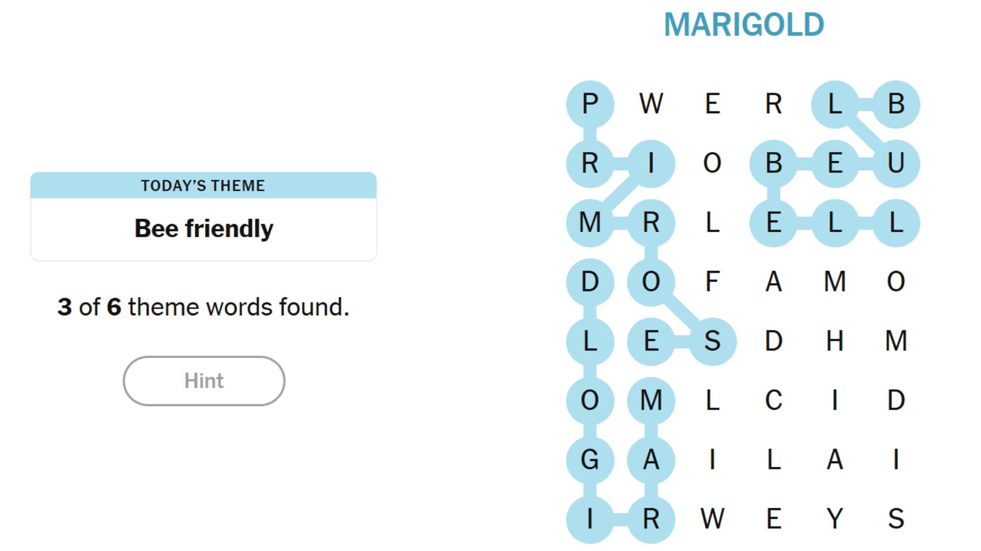 3 of 6 Theme Words are found