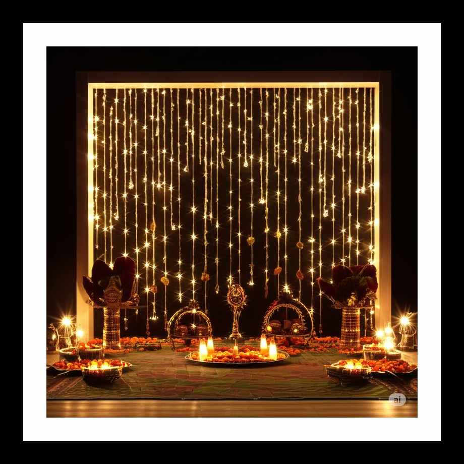 An Illuminated Ganpati Decor with simple fairy lights Clean and Beautiful