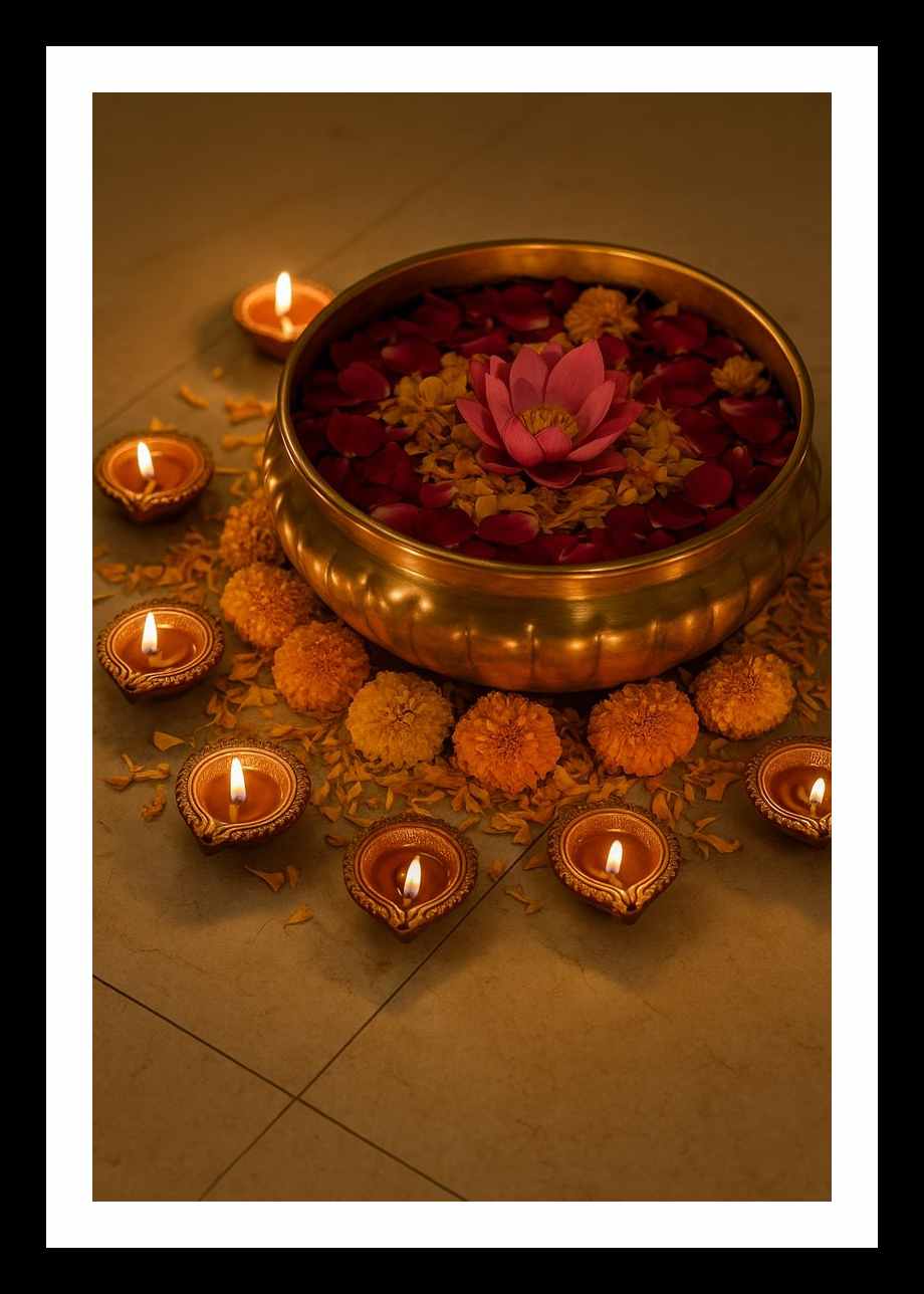 Brass Urli Diwali Decor with Mixed Petals & Diyas _ Diwali Decor_ festive season vibe