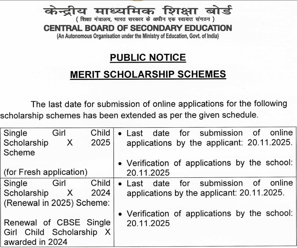 CBSE Single Girl Child Scholarship