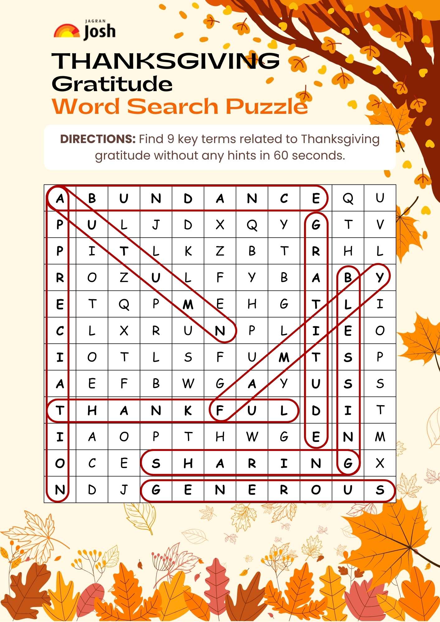 THANKSGIVING  Gratitude  Word Search Puzzle Solution