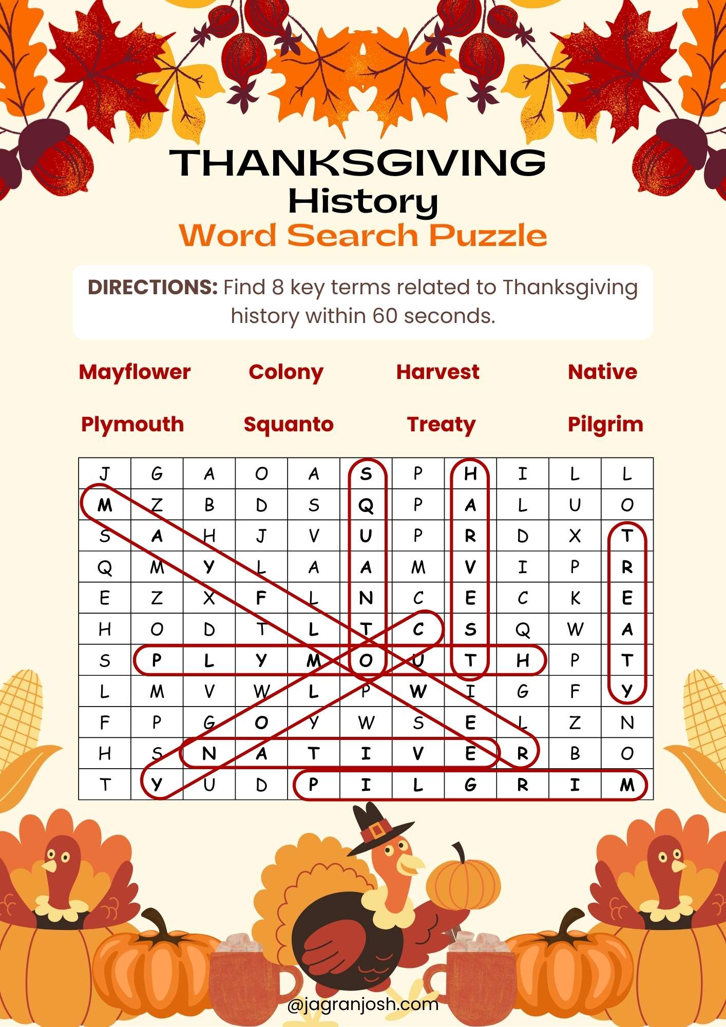 THANKSGIVING  History Word Search Puzzle Solution