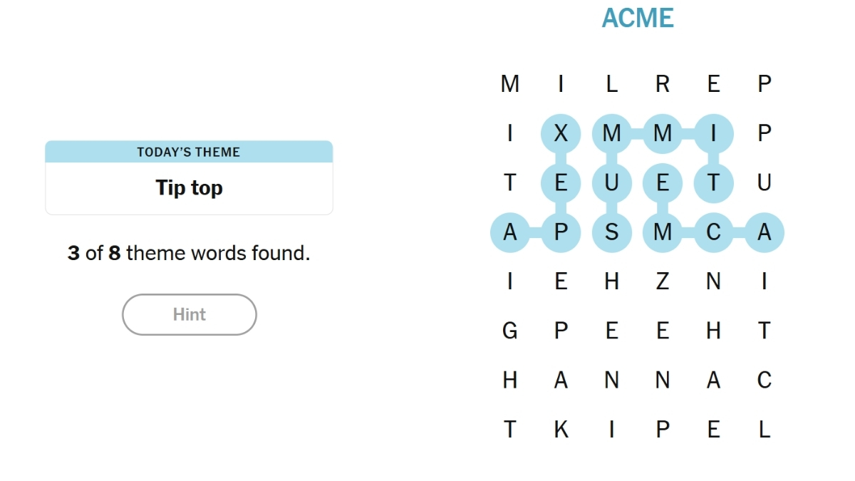 NYT Strands for Tuesday's Tip Top Theme Nov 25, 2025