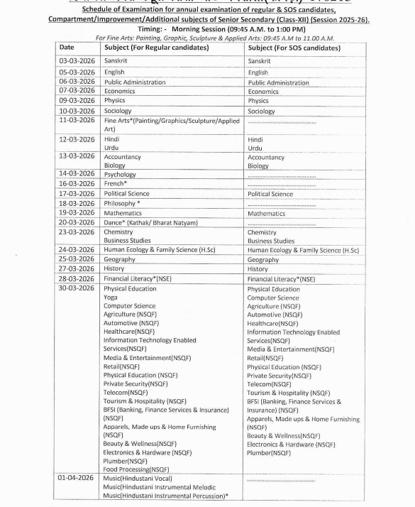 HPBOSE 12th Date Sheet 2026