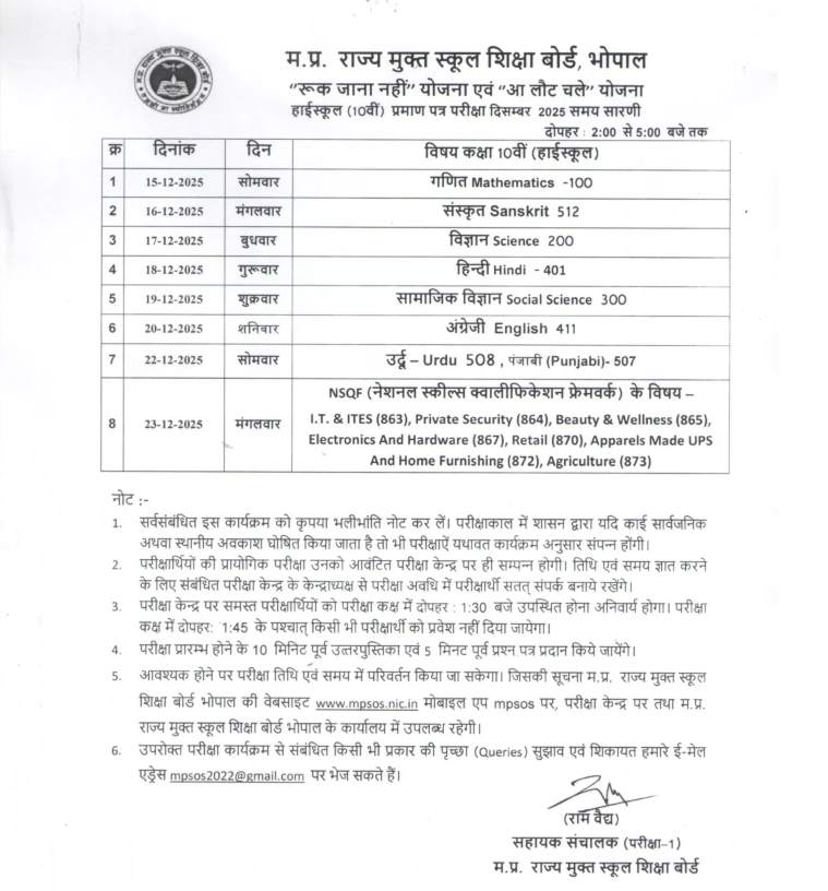 MPBOSE Class 10 DateSheet