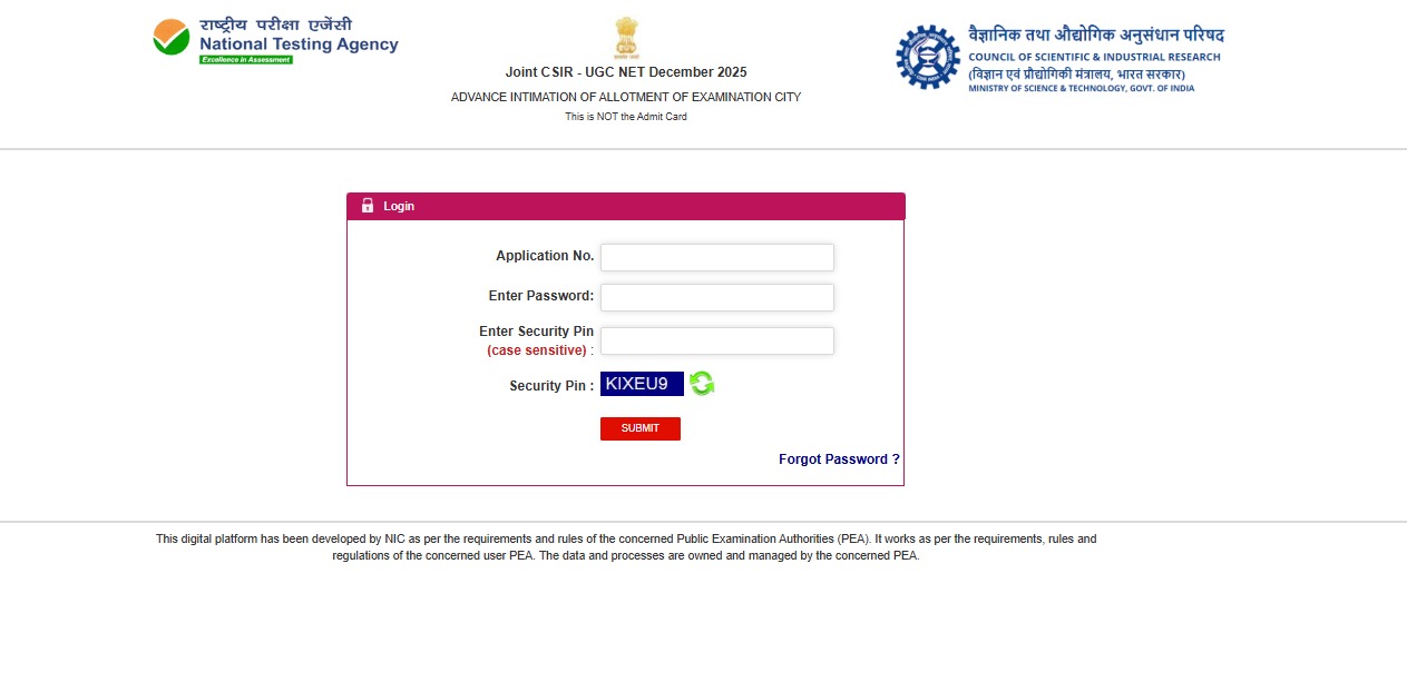 CSIR UGC NET December 2025 City Slip