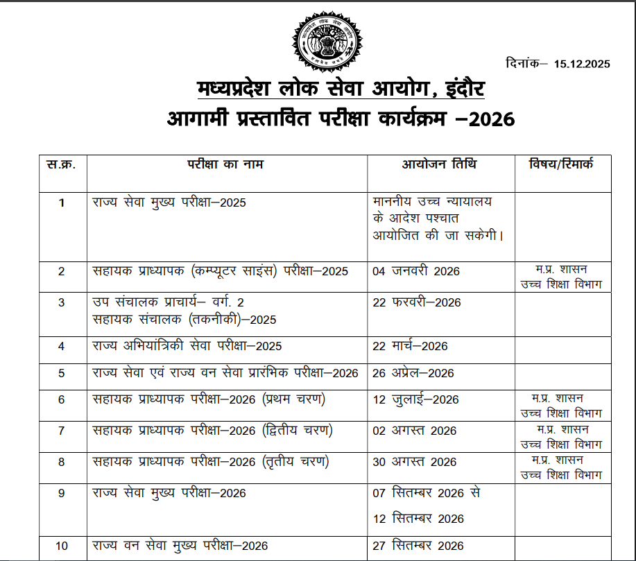 MPPSC Exam Calendar 2026