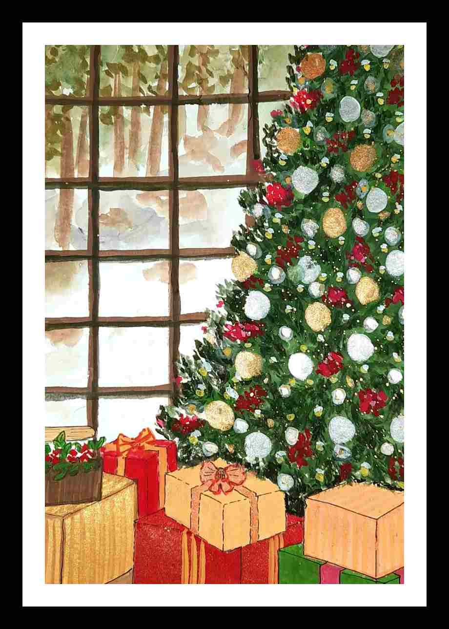 Christmas tree painting _ Christmas tree at the window painting _ Gouache painting