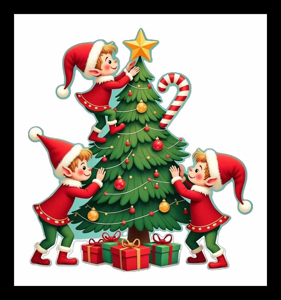 Whimsical Christmas Postcard with Elves