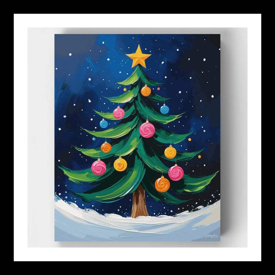 Whimsical Christmas Tree with Swirl Ornaments - Paint by Numbers Kit _ Create Festive Holiday Magic at Home
