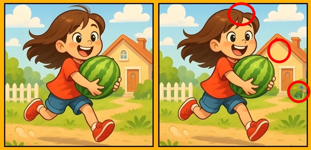 Spot the differences girl with a watermelon solution