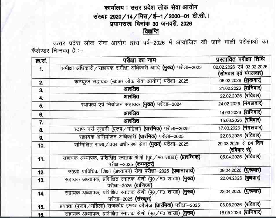 UPPSC Exam Schedule 2026