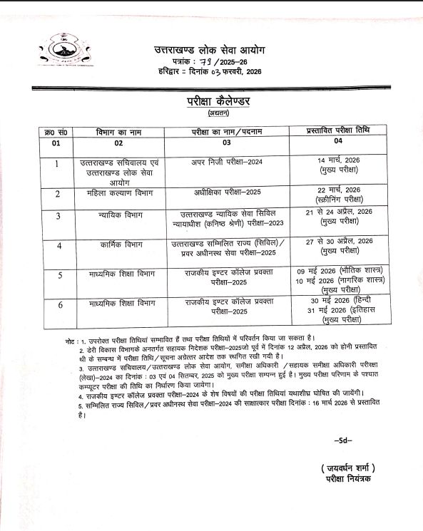 UKPSC Exam Calendar Notice