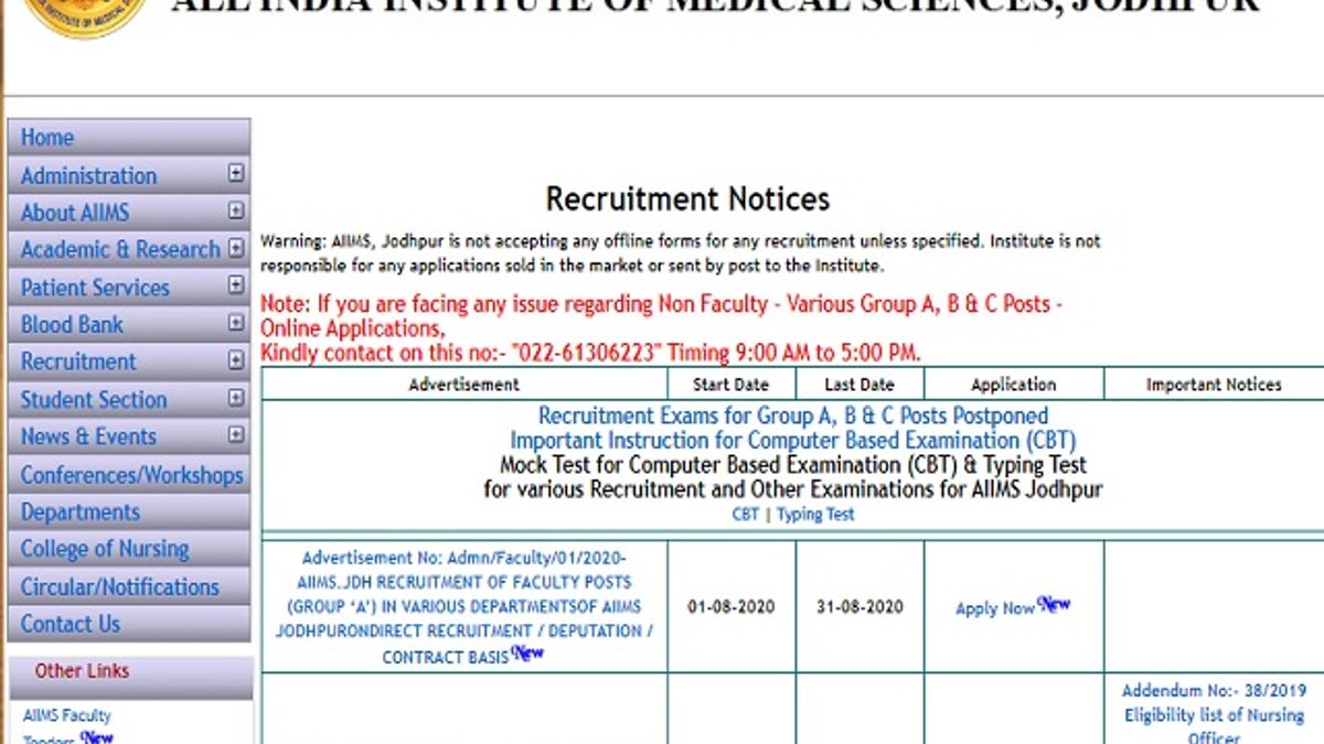 All India Institute of Medical Science (AIIMS), Jodhpur Faculty Posts 2020