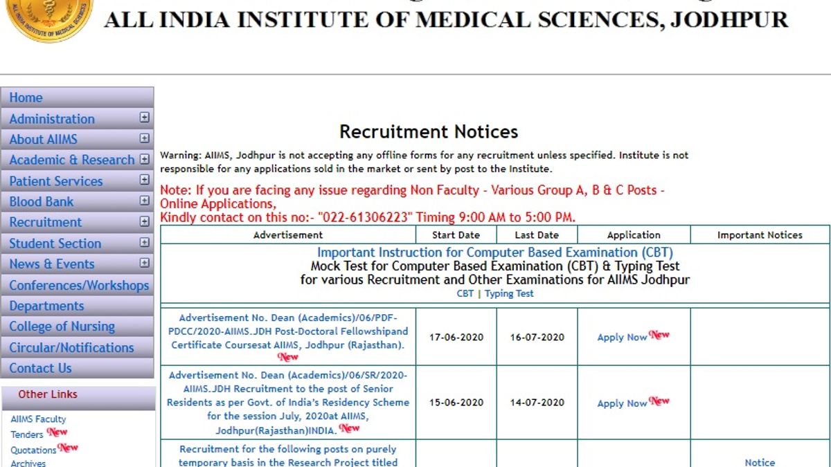 AIIMS Jodhpur Post Doctoral Fellow Posts 2020