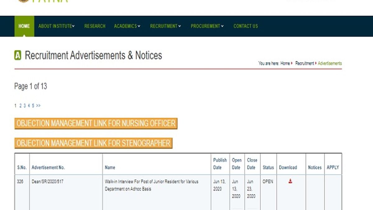 All India Institute of Medical Sciences (AIIMS), Patna Junior Resident Posts 2020