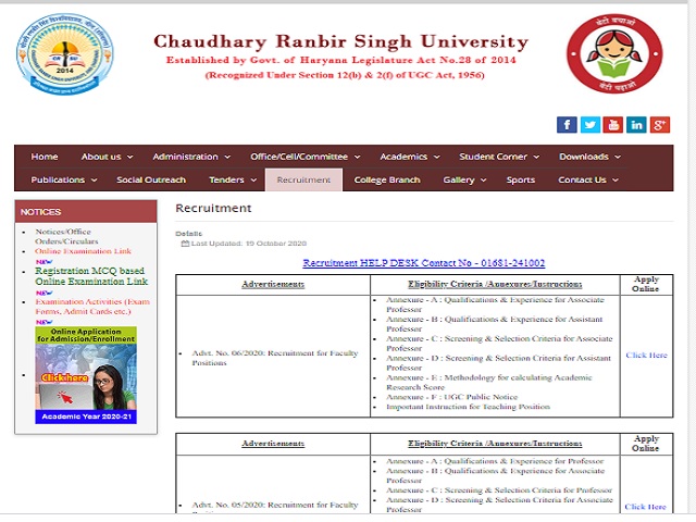 Chaudhary Ranbir Singh University (CRSU) Online for Associate Professor Posts 2020