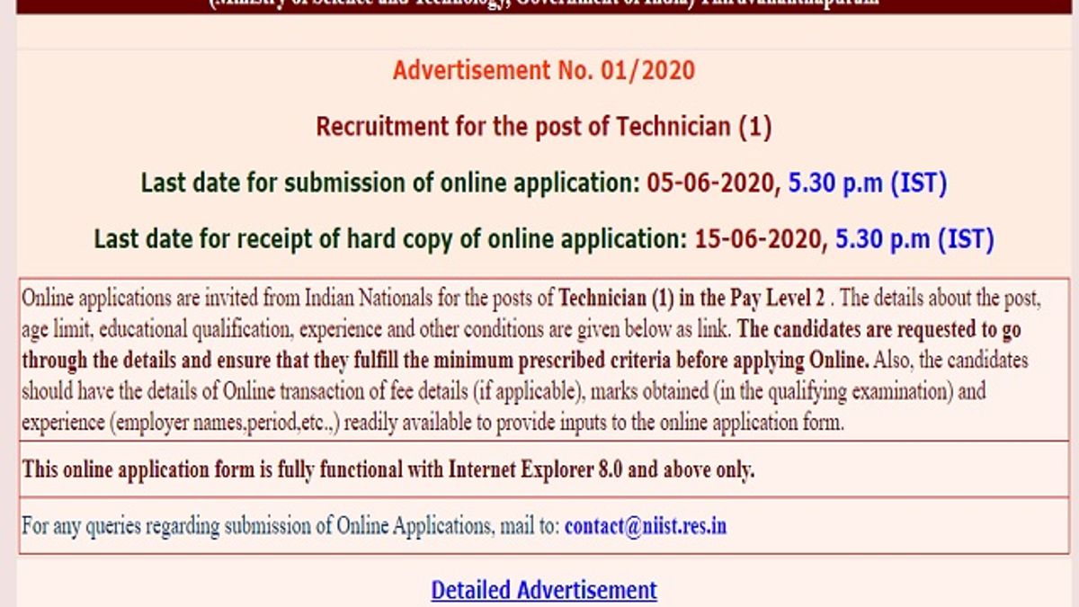 CSIR -NIIST Technician Posts 2020