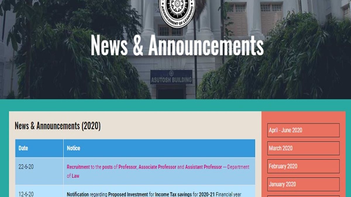 Calcutta University Recruitment 2020: Apply for Professor, Associate Professor and Assistant Professor Posts