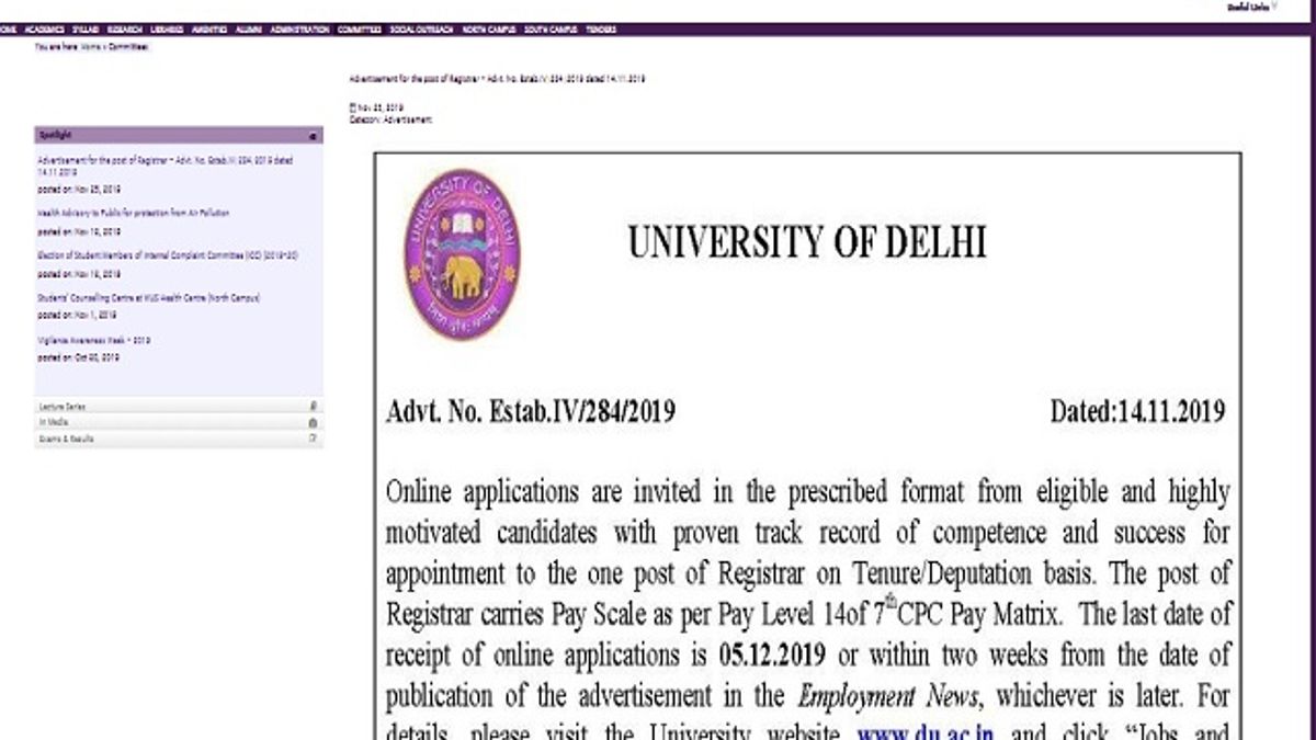 University of Delhi (DU) Registrar Post 2019