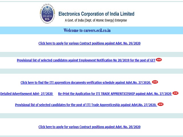 ECIL Online for Technical Officer, Scientific Asst‐A and Junior Artisan Posts 2020