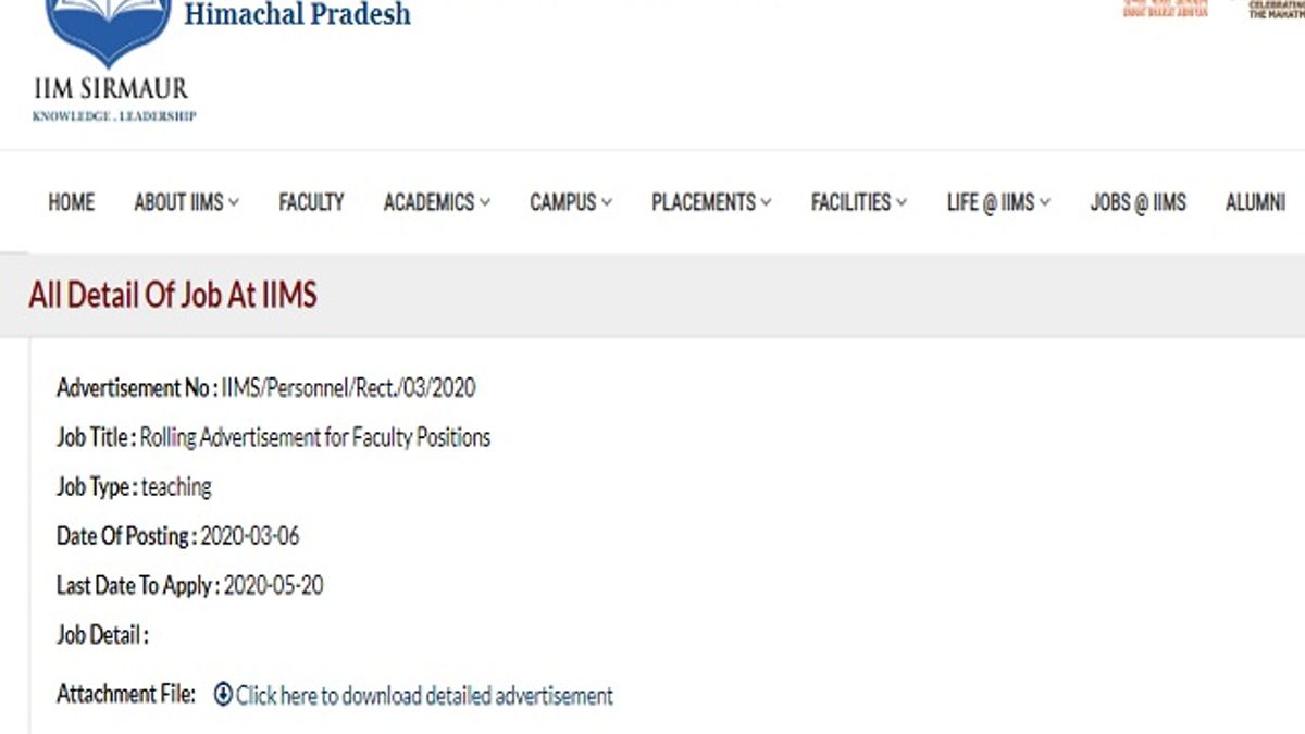 Indian Institute of Management, Sirmaur (IIMS) Faculty Posts 2020