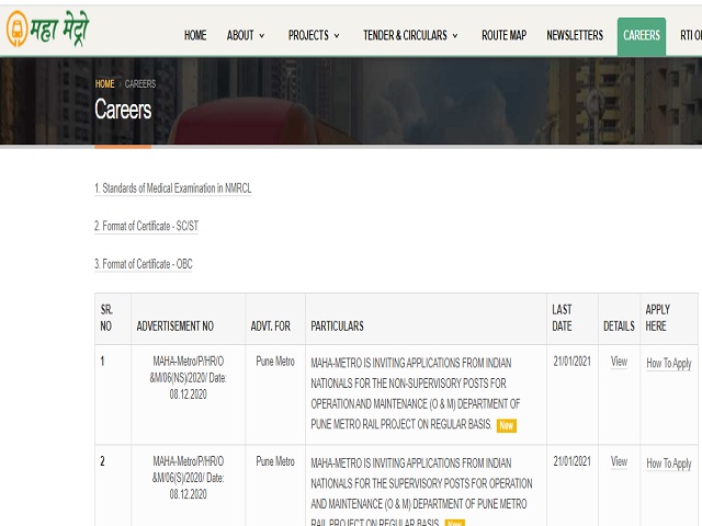 Maharashtra Metro Rail Corporation Limited (MAHA Metro) Online for Supervisory Posts 2020