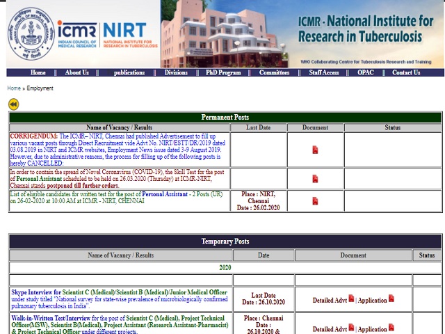 ICMR -NIRT Scientist C (Medical)/Scientist B (Medical)/Junior Medical Officer Posts 2020