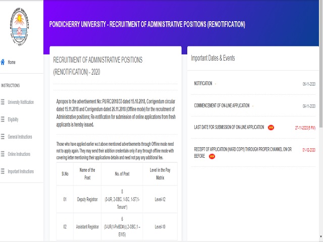 Pondicherry University Online for Scientist D and E Posts 2020