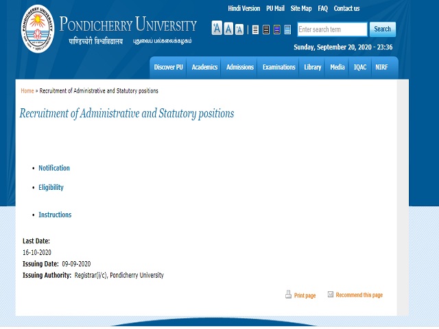 Pondicherry University Online for Registrar, Librarian and Other Posts 2020